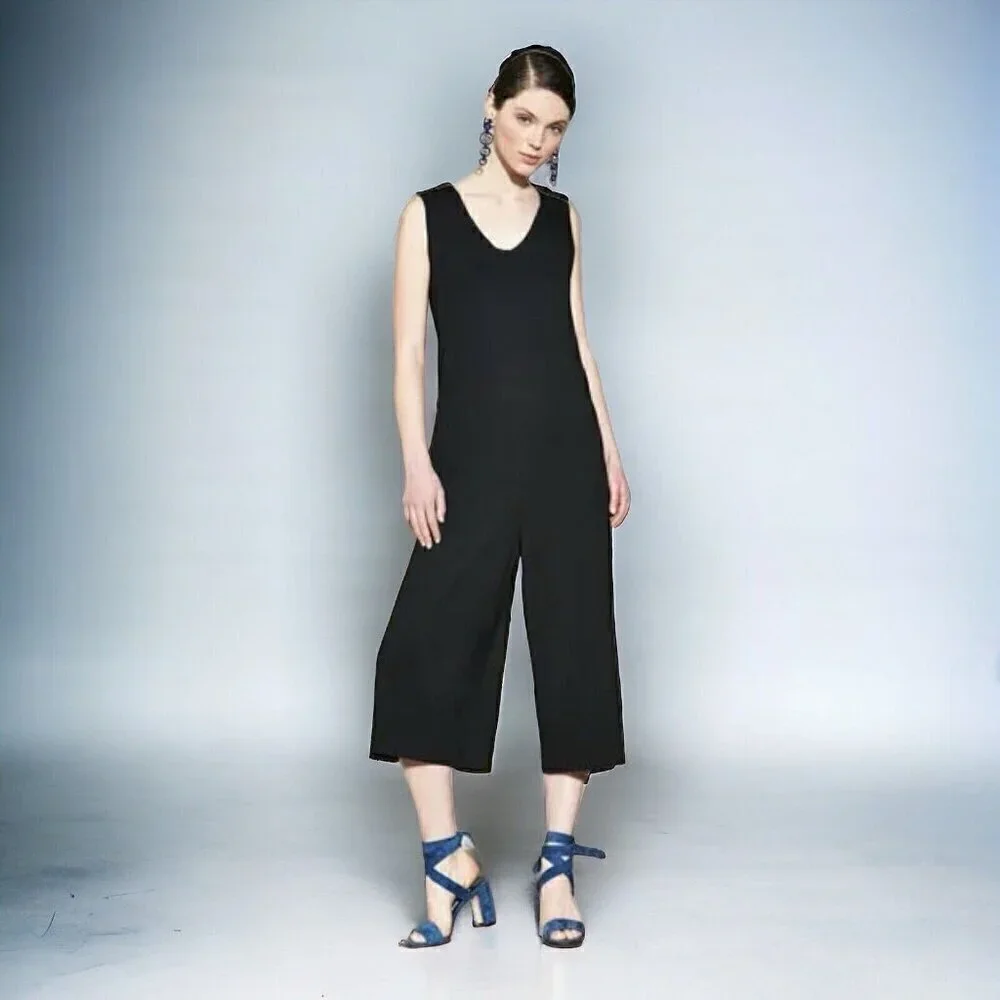 Eileen Fisher Womens Jumpsuit XXS Black Stretch V-neck Wide Leg Crop Minimalist